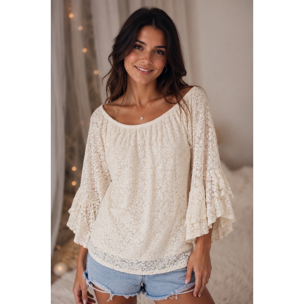 Lildy Romantic Boho Lace Top Ethereal Fairycore Soft Girl Ruffle Sleeve L XL